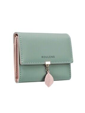Roulens RFID Green Blush Pink Faux Leather Bifold Snap Wallet